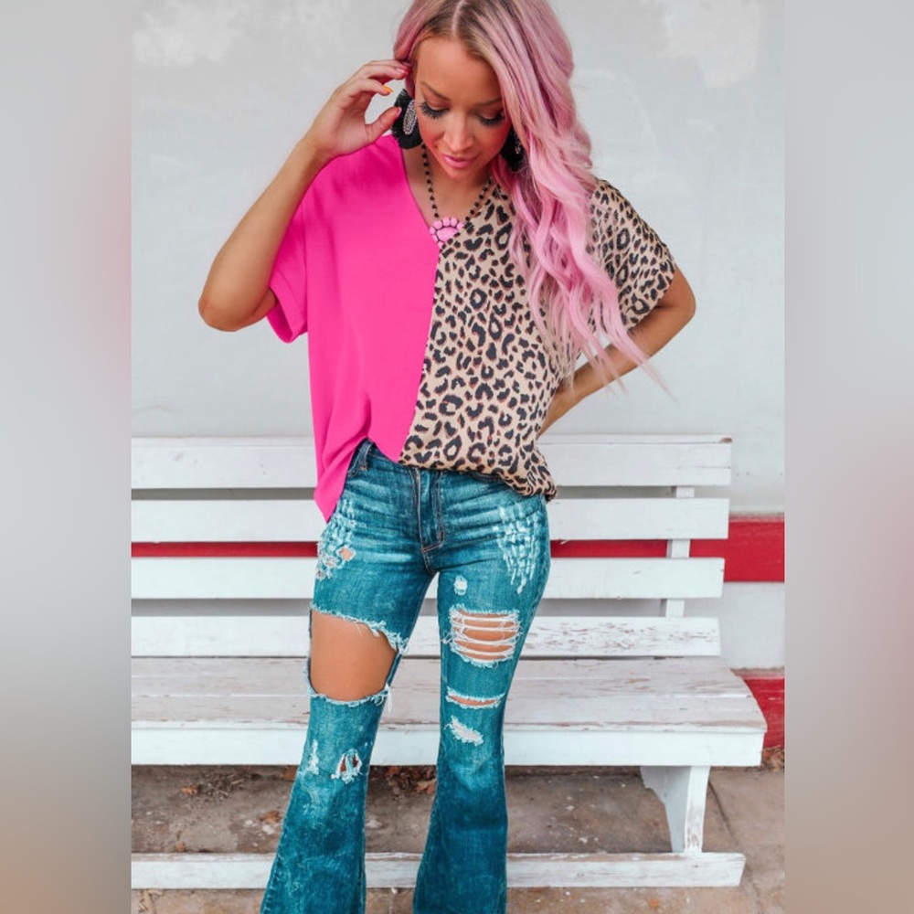 🆕LAST ONE-SMALL/Colorblock, leopard print top/crepe & sleek contrast material
